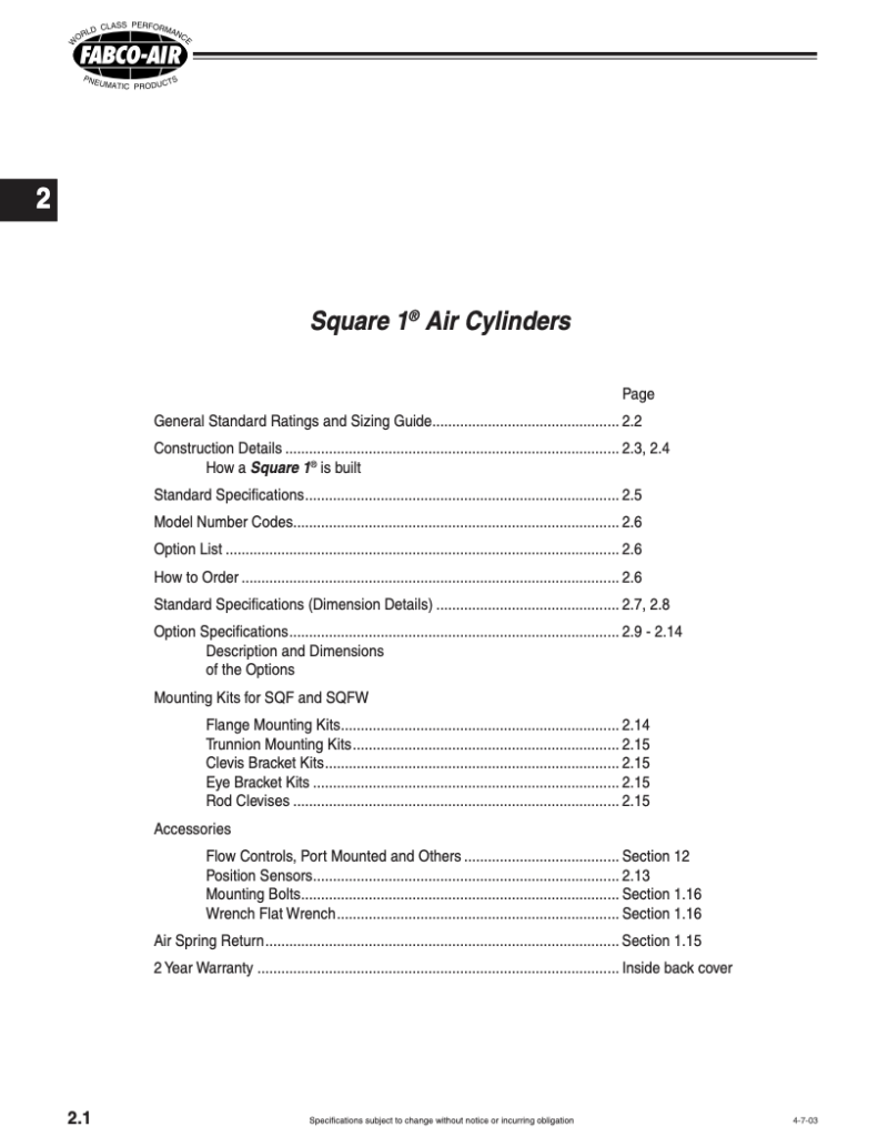 Square 1 Series section of CV9 Catalog