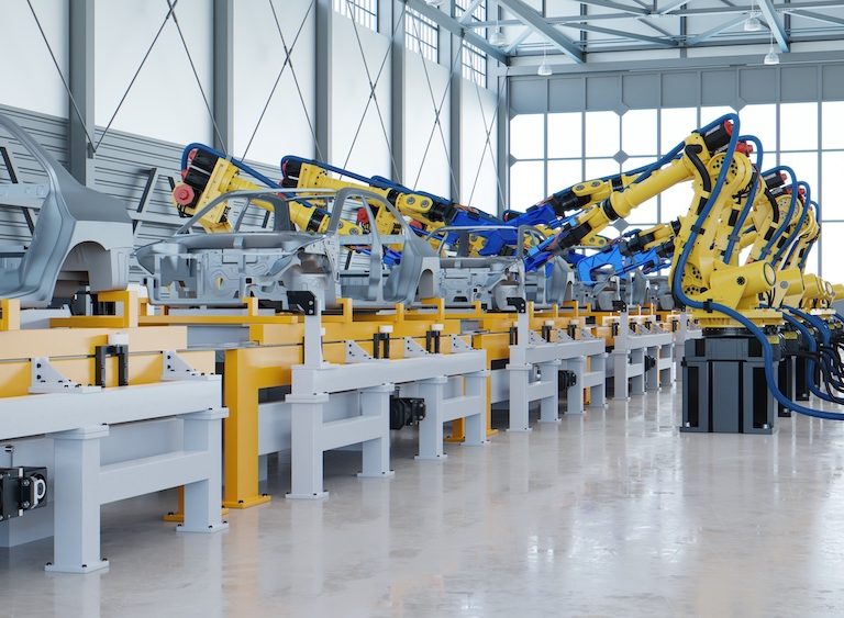 Robotic automotive assembly in factory.3D Rendering