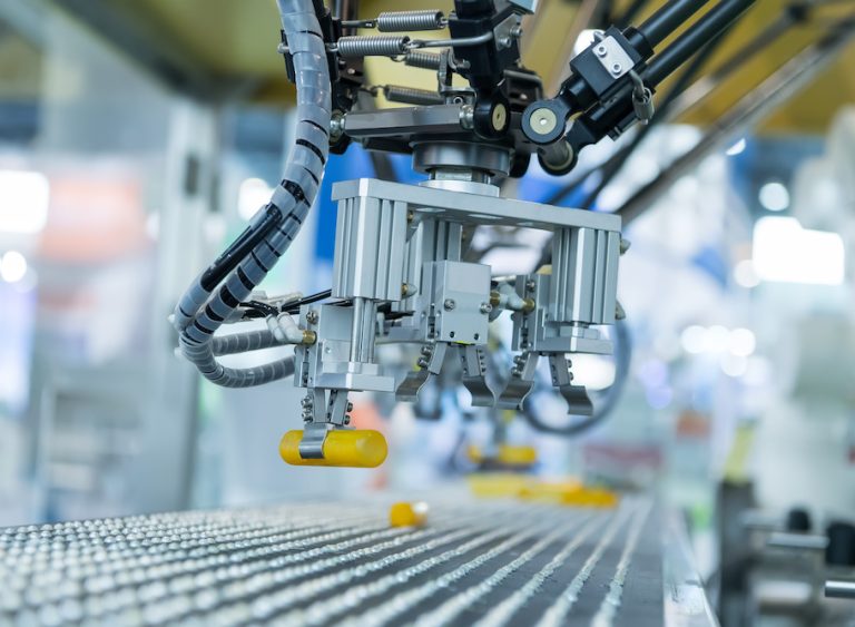 Industrial robot with conveyor in manufacture factory,Smart factory industry 4.0 concept.